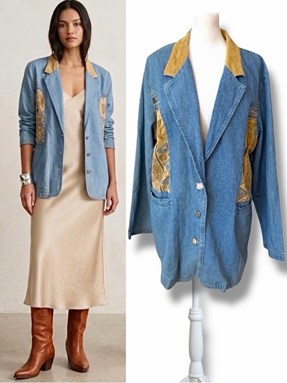 VTG Saint Germain Paris Southwestern Denim Blazer Jacket Aztec 90s Western Large